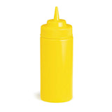 A bright yellow WideMouth Squeeze Bottle with a pointed nozzle and screw-on cap, typically used as a mustard bottle. Dishwasher safe and standing upright against a plain white background.