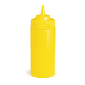 A bright yellow WideMouth Squeeze Bottle with a pointed nozzle and screw-on cap, typically used as a mustard bottle. Dishwasher safe and standing upright against a plain white background.