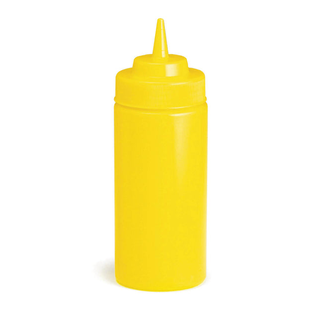 A bright yellow WideMouth Squeeze Bottle with a pointed nozzle and screw-on cap, typically used as a mustard bottle. Dishwasher safe and standing upright against a plain white background.