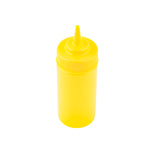 A bright yellow mustard bottle with a pointed nozzle and screw-on cap, designed as a WideMouth Squeeze Bottle for easy refilling. It stands upright, centered on a plain white background, and is dishwasher safe for convenient cleaning.