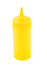 A bright yellow mustard bottle with a ribbed screw-on cap and narrow nozzle, commonly used for condiments like ketchup. This WideMouth Squeeze Bottle stands upright on a white background and is dishwasher safe for easy cleaning.