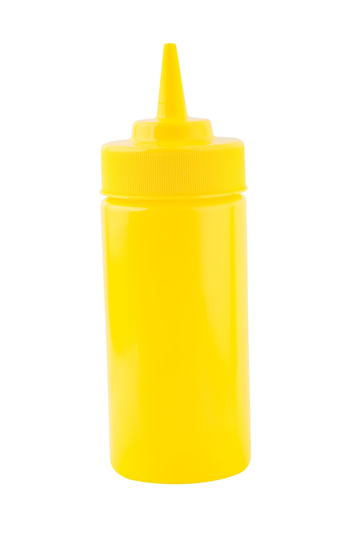 A bright yellow WideMouth Squeeze Bottle with a pointed nozzle and ribbed screw-on cap, commonly used for dispensing condiments like mustard. Standing upright on a white background, this mustard bottle is also dishwasher safe.