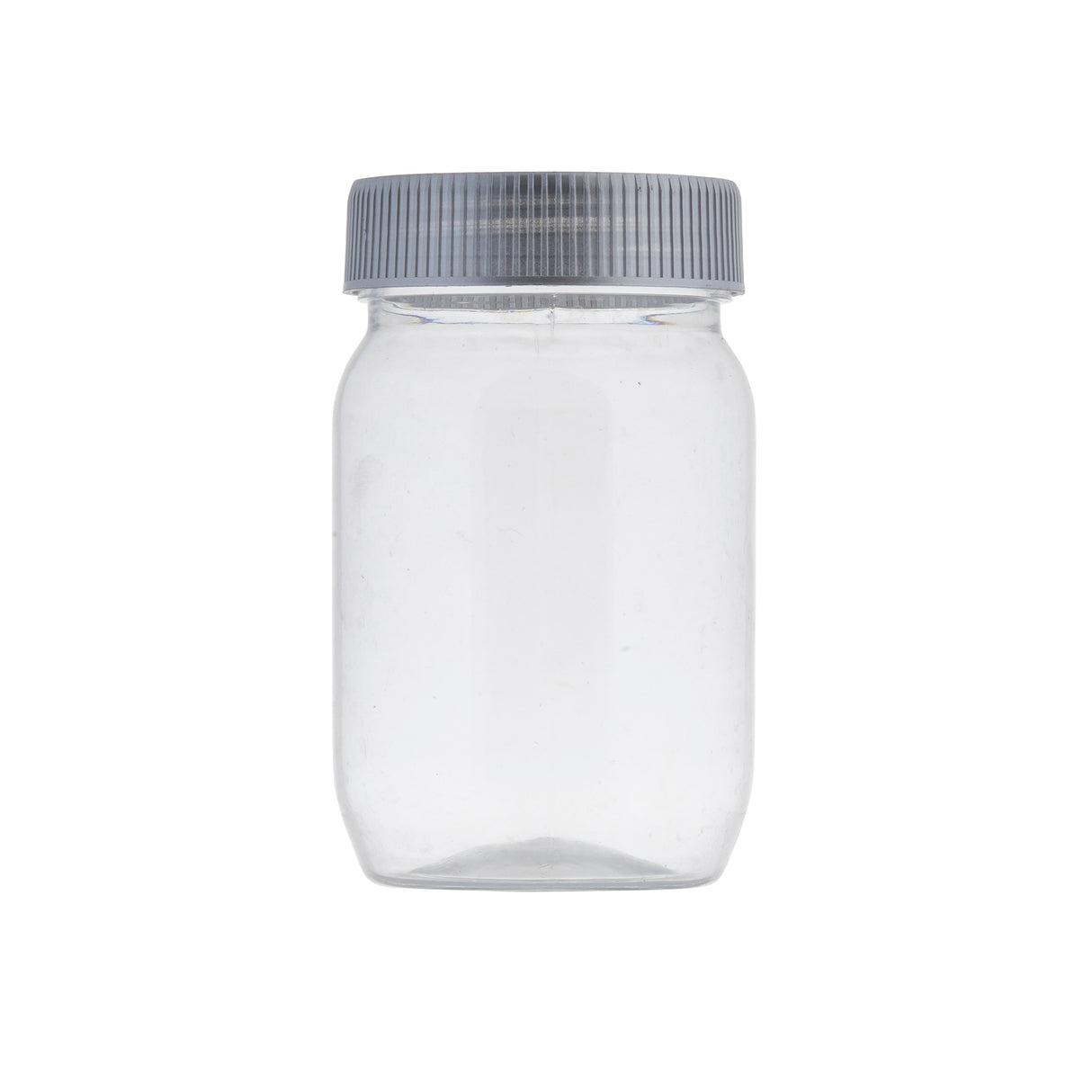 A clear 8 oz. plastic Mason Jar with lid is centered against a plain white background. The jar is cylindrical with smooth sides and no labels or markings.