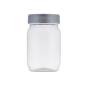 A clear 8 oz. plastic Mason Jar with lid is centered against a plain white background. The jar is cylindrical with smooth sides and no labels or markings.