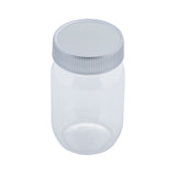 A clear, empty plastic mason jar with a wide mouth and gray ribbed screw-on lid, shown on a plain white background. This 8 oz. cylindrical jar slightly tapers at the top and comes complete with lid.