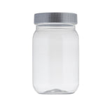 A clear, empty 16 oz. plastic jar with a wide mouth and a ribbed, silver-colored screw-on lid, photographed against a white background. The cylindrical Mason Jar has smooth sides and no labels or markings.