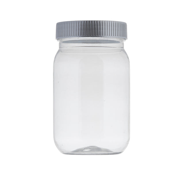 A clear, empty 16 oz. plastic jar with a wide mouth and a ribbed, silver-colored screw-on lid, photographed against a white background. The cylindrical Mason Jar has smooth sides and no labels or markings.