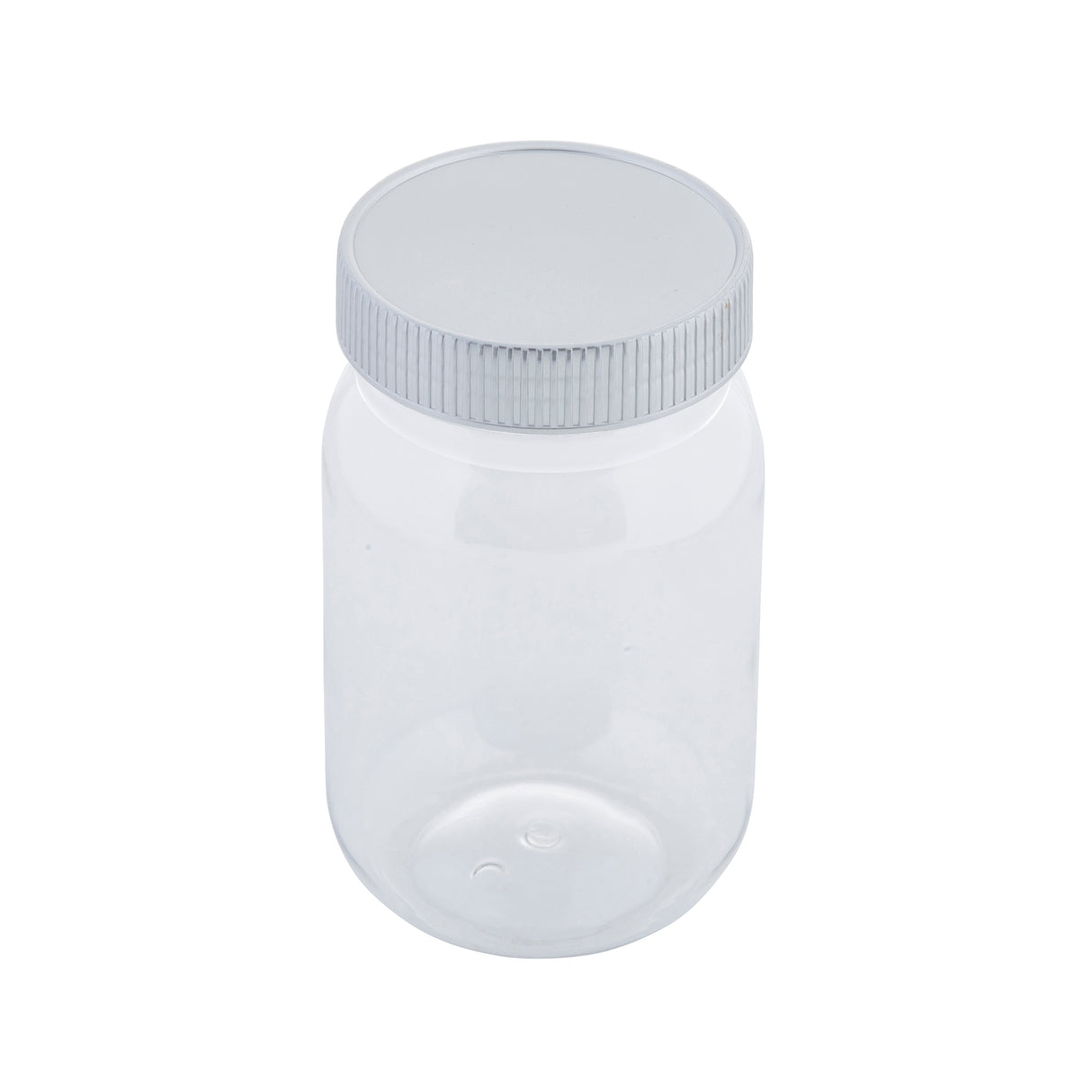 A clear, empty 16 oz. plastic jar with a wide mouth and a screw-on, ribbed white lid is shown on a plain white background. The cylindrical Mason Jar style features smooth sides and transparent walls, revealing there is nothing inside.
