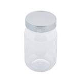 A clear, empty 16 oz. plastic jar with a wide mouth and a screw-on, ribbed white lid is shown on a plain white background. The cylindrical Mason Jar style features smooth sides and transparent walls, revealing there is nothing inside.