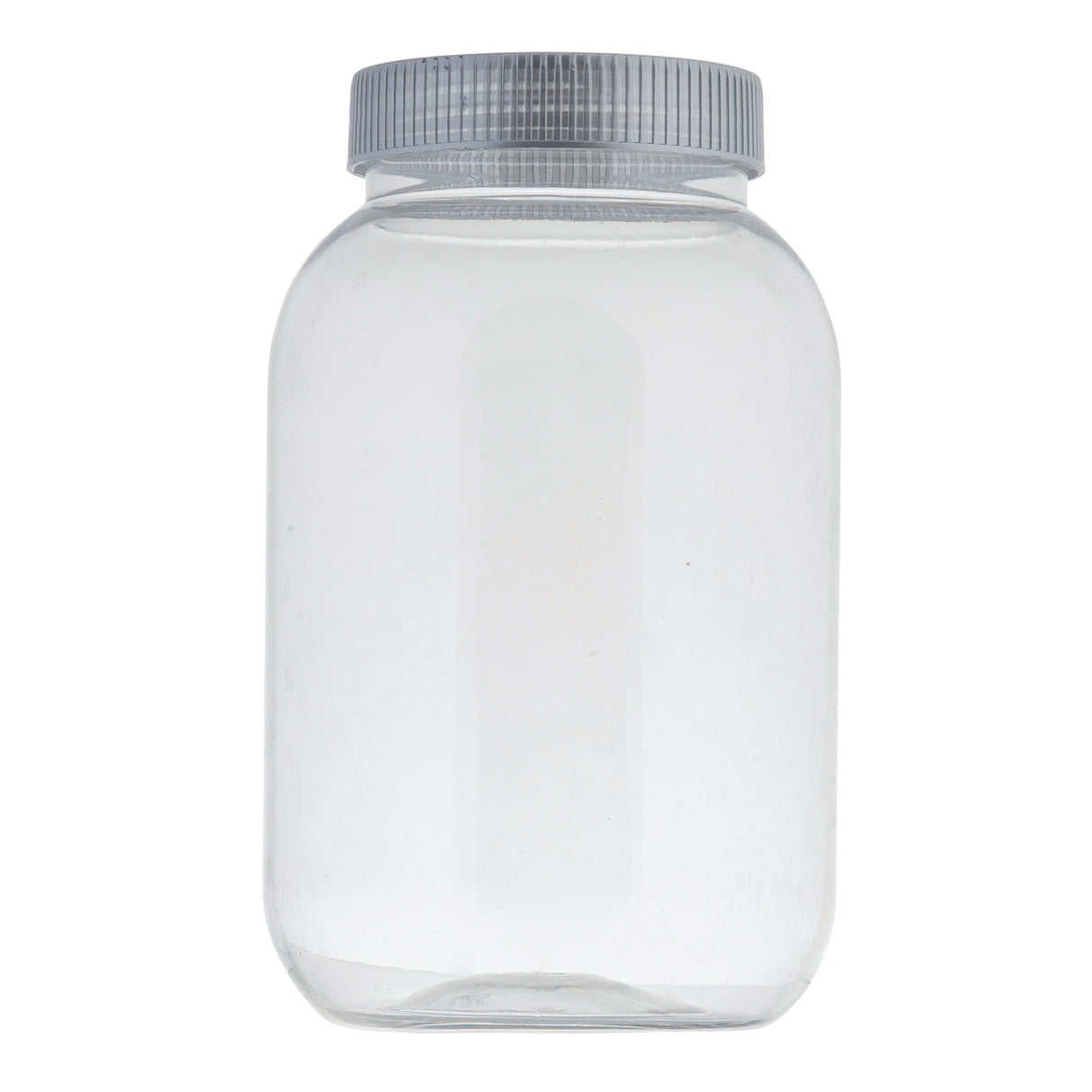 A clear, plastic mason jar with a 32 oz. capacity and a silver ribbed screw-on lid is shown upright against a white background. The cylindrical jar features smooth sides, a rounded shoulder, and no markings or labels on its surface.