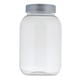 A clear, plastic mason jar with a 32 oz. capacity and a silver ribbed screw-on lid is shown upright against a white background. The cylindrical jar features smooth sides, a rounded shoulder, and no markings or labels on its surface.