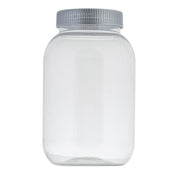 A clear, plastic mason jar with a 32 oz. capacity and a silver ribbed screw-on lid is shown upright against a white background. The cylindrical jar features smooth sides, a rounded shoulder, and no markings or labels on its surface.