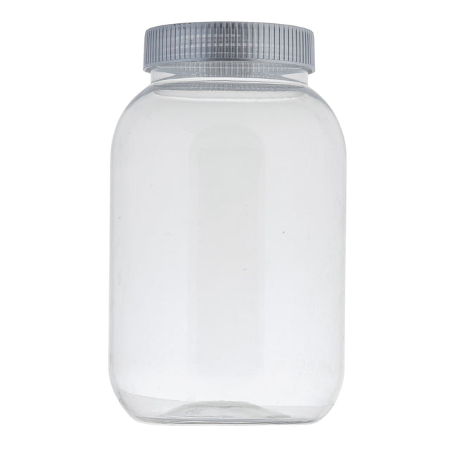 A clear, plastic mason jar with a 32 oz. capacity and a silver ribbed screw-on lid is shown upright against a white background. The cylindrical jar features smooth sides, a rounded shoulder, and no markings or labels on its surface.