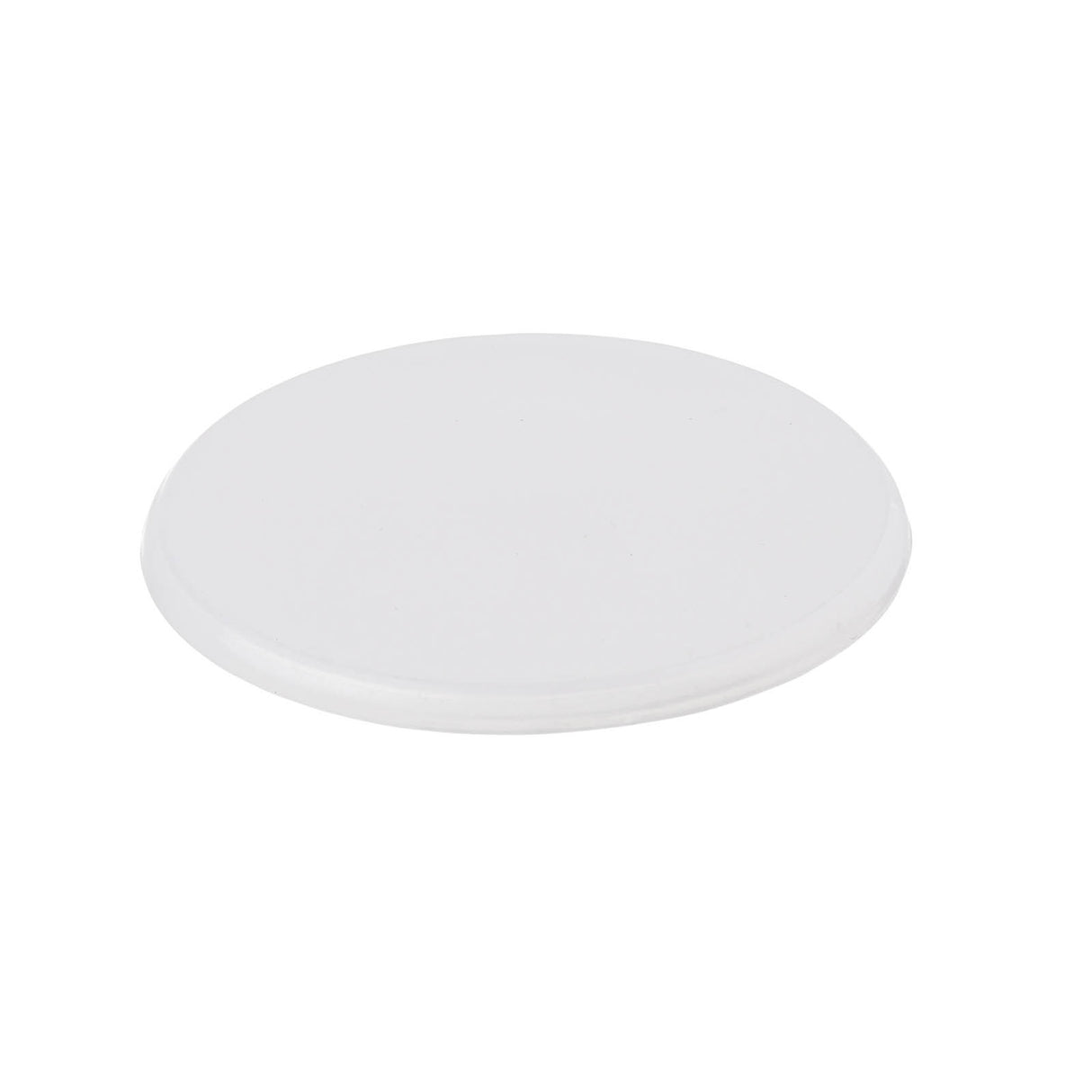 A plain, round, flat white disc rests on a white background. This smooth, featureless object, with a slightly raised edge and faint shadow underneath, resembles the H5069 Replacement Lid from TableCraft Products.