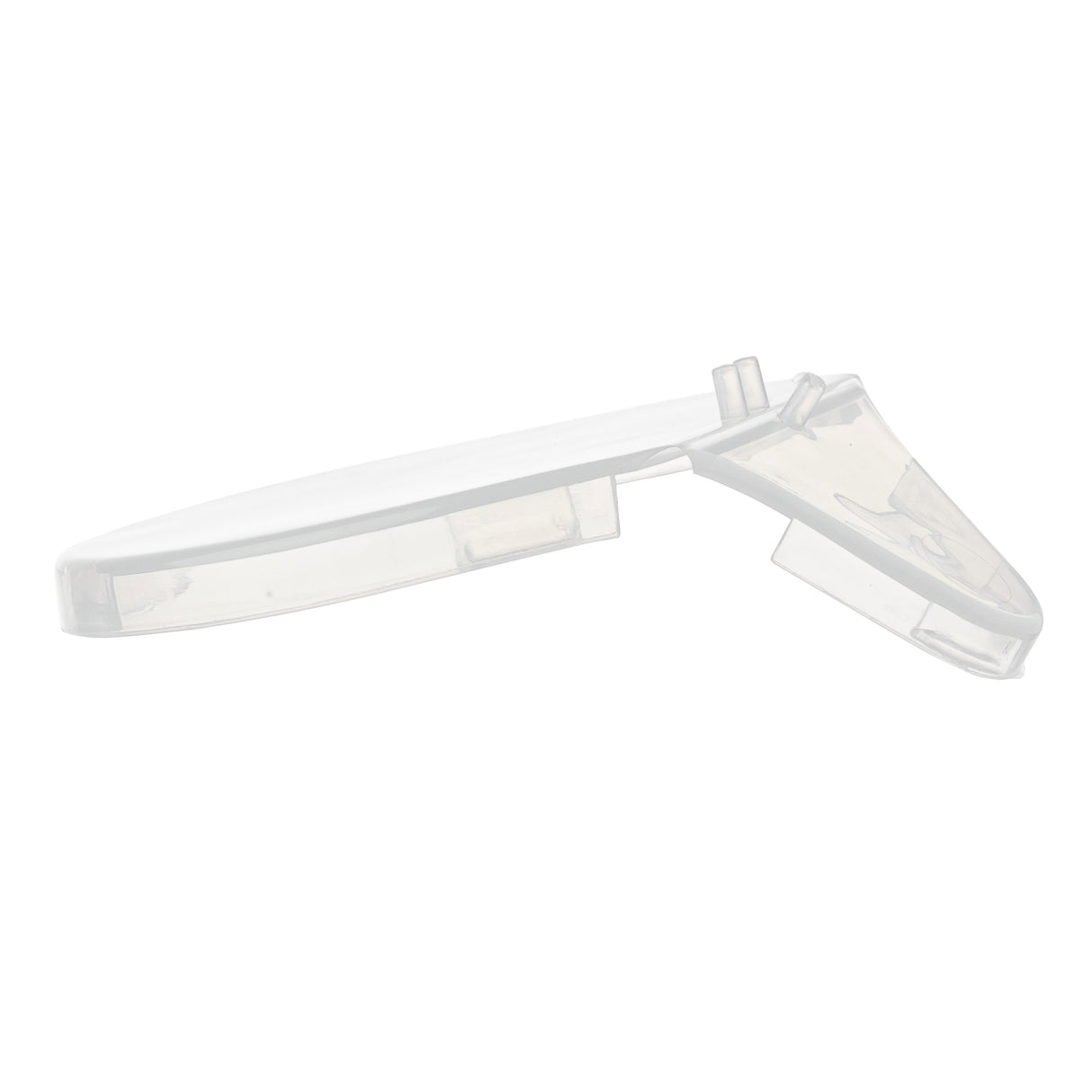 A transparent, curved plastic object from TableCraft Products, 10717, with a flat circular base and angled, hollow arm. The arm features a small cylindrical peg and slanted surfaces. Photographed on a plain white background; possibly a replacement lid.