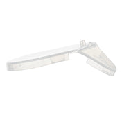 A transparent, curved plastic object from TableCraft Products, 10717, with a flat circular base and angled, hollow arm. The arm features a small cylindrical peg and slanted surfaces. Photographed on a plain white background; possibly a replacement lid.