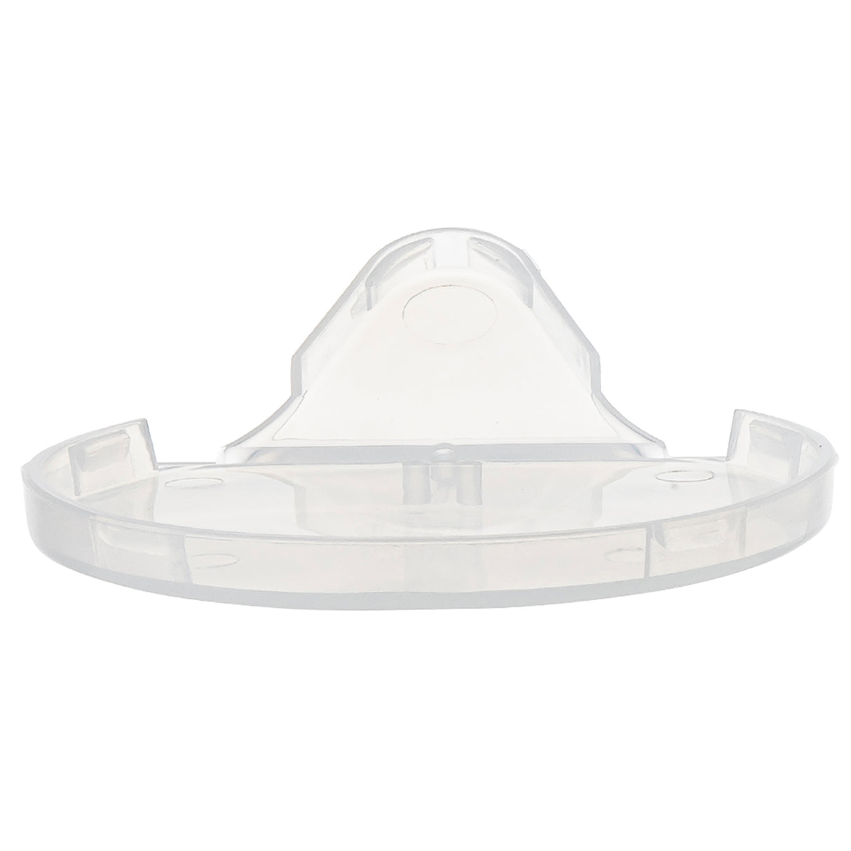A clear plastic wall-mounted holder from TableCraft Products, model 10717, with a curved front edge and flat back plate. Its transparent, functional design is ideal for storing small items like a replacement lid or other essentials.