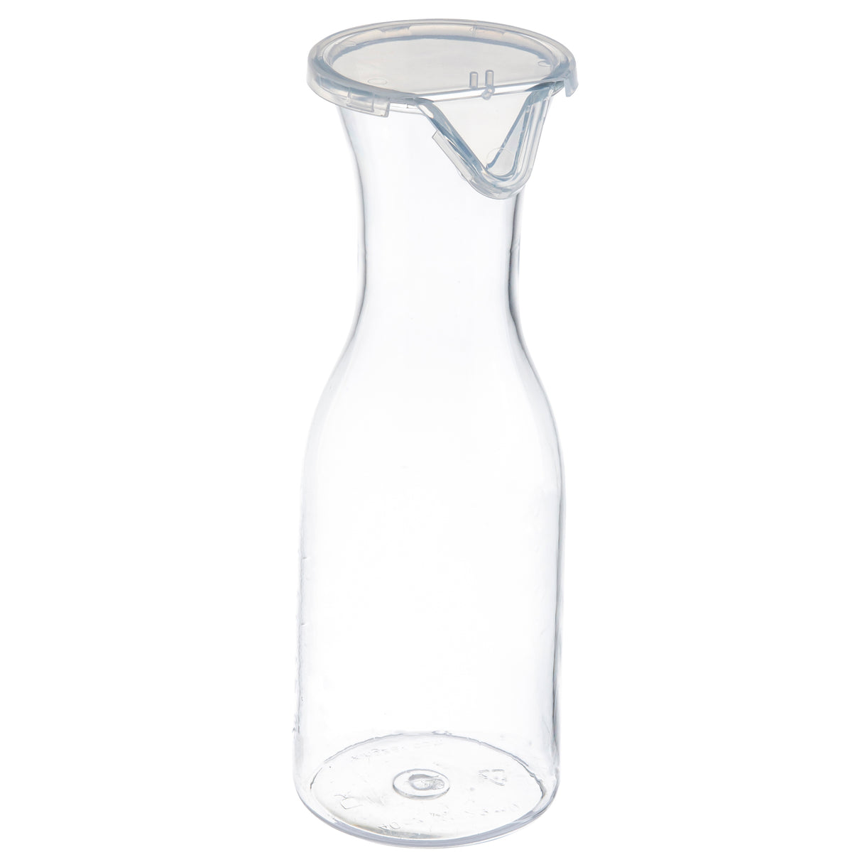 A clear glass carafe with a narrow neck and wider base, featuring a TableCraft Products Replacement Lid (10717) with a convenient pouring spout. The carafe is empty and photographed on a white background.