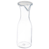 A clear glass carafe with a narrow neck and wider base, featuring a TableCraft Products Replacement Lid (10717) with a convenient pouring spout. The carafe is empty and photographed on a white background.