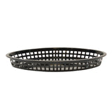 A black, round Texas Platter Basket with an open grid pattern along the sides and a solid base, viewed from the side against a plain white background. This shallow, lightweight basket is dishwasher safe and perfect for serving fries or sandwiches.