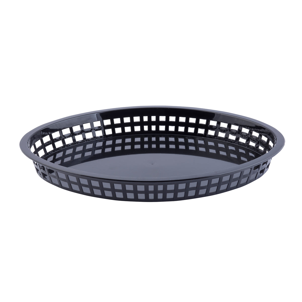 A black, oval-shaped Texas Platter Basket with a grid-like open weave along the sides and a solid flat base, shown on a white background. This shallow, heat resistant platter is ideal for serving or holding items and is dishwasher safe.