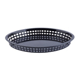 A black, oval-shaped Texas Platter Basket with a grid-like open weave along the sides and a solid flat base, shown on a white background. This shallow, heat resistant platter is ideal for serving or holding items and is dishwasher safe.