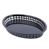 A black, oval-shaped Texas Platter Basket with an open grid pattern around the sides and a solid base. This heat resistant platter is photographed on a white background.