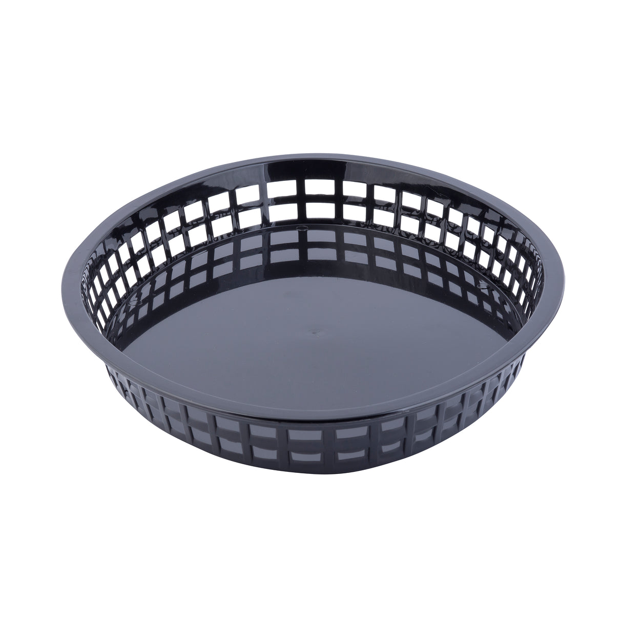 A round, black plastic Texas Platter Basket with an open lattice design and solid bottom, shown on a white background. Shallow and lightweight, this dishwasher safe basket is ideal for serving or holding bread, fruits, or snacks.