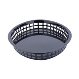 A round, black plastic Texas Platter Basket with an open lattice design and solid bottom, shown on a white background. Shallow and lightweight, this dishwasher safe basket is ideal for serving or holding bread, fruits, or snacks.