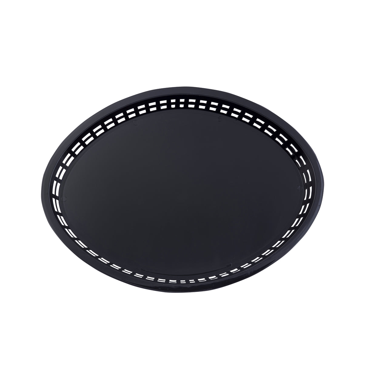 A round, black Texas Platter Basket with a solid center and a pattern of rectangular holes evenly spaced around the rim, shown against a white background. This heat resistant platter has a smooth, matte finish and simple design.