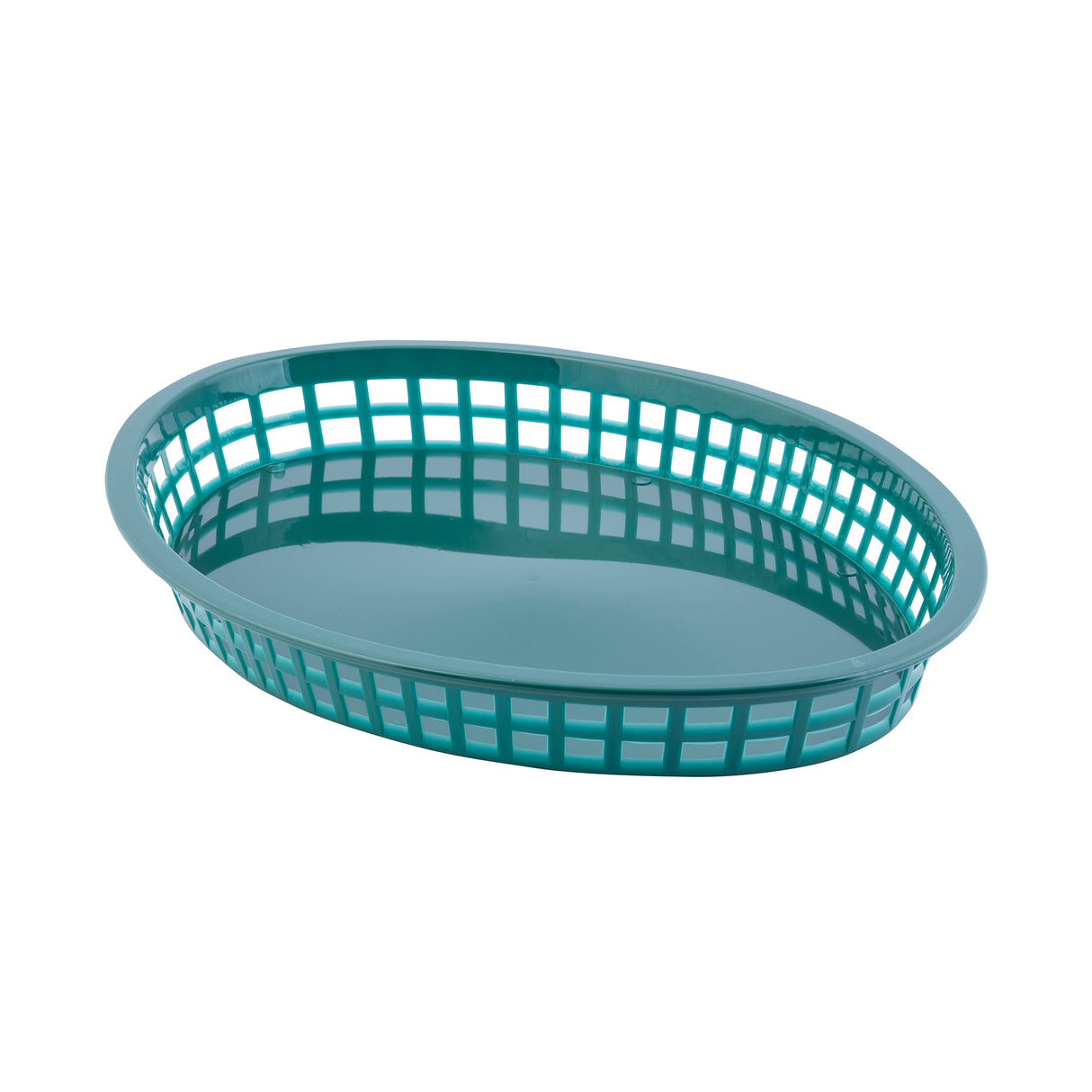 A teal-colored, oval-shaped Texas Platter Basket with an open grid design and solid bottom, placed on a white background. Lightweight and heat resistant, this basket is ideal for serving food or organizing small items.