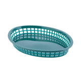 A teal-colored, oval-shaped Texas Platter Basket with an open grid design and solid bottom, placed on a white background. Lightweight and heat resistant, this basket is ideal for serving food or organizing small items.