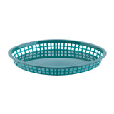 A round, teal Texas Platter Basket with a flat base and open grid sides, shown against a white background. This shallow, lightweight basket is heat resistant, making it perfect for holding food items or small objects.