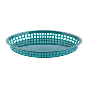 A round, teal Texas Platter Basket with a flat base and open grid sides, shown against a white background. This shallow, lightweight basket is heat resistant, making it perfect for holding food items or small objects.