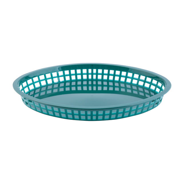 A round, teal Texas Platter Basket with a flat base and open grid sides, shown against a white background. This shallow, lightweight basket is heat resistant, making it perfect for holding food items or small objects.