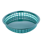 A round, teal Texas Platter Basket with an open grid design on the sides and a solid base, placed on a white background. This lightweight, heat resistant basket is ideal for holding or draining items with ease.