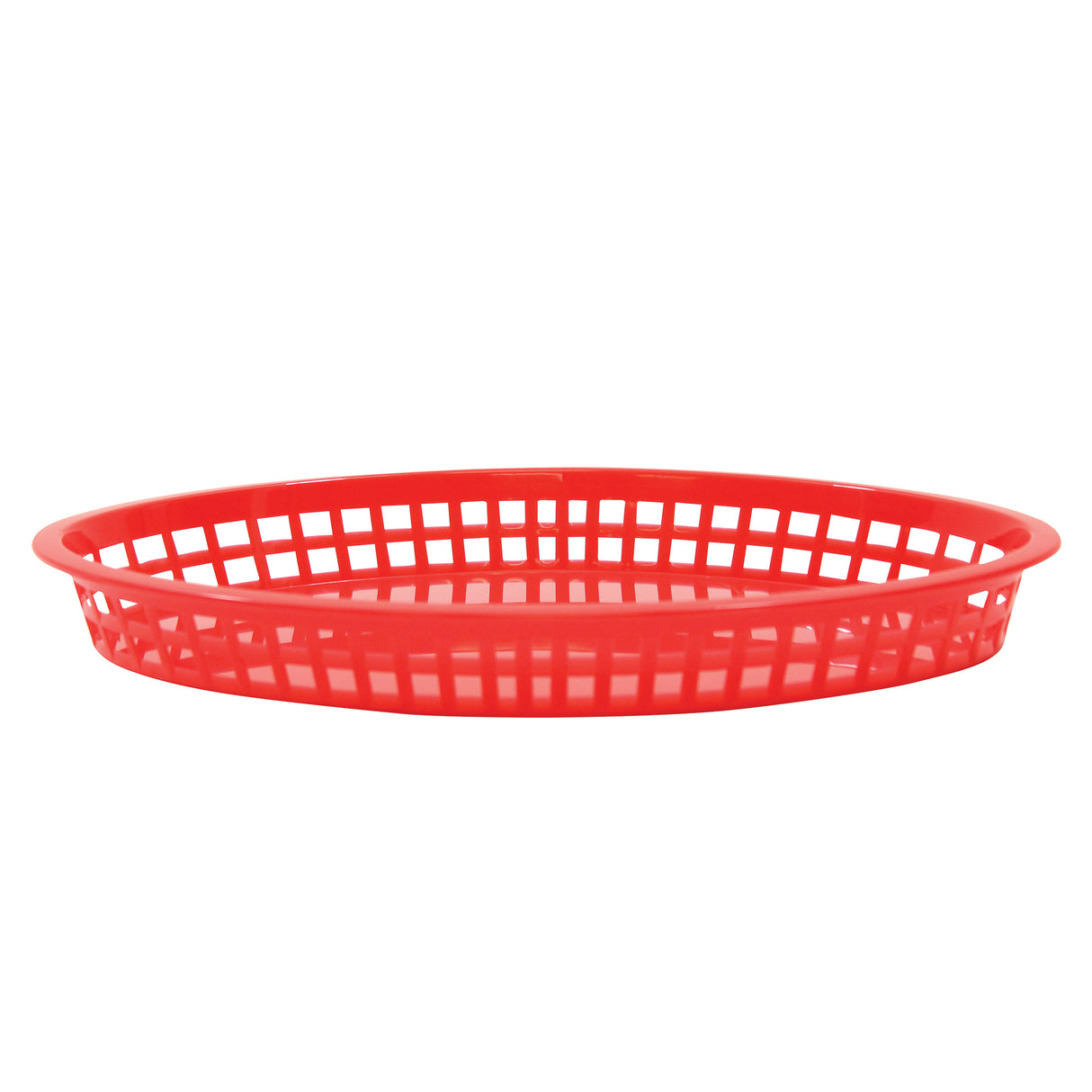 A red, round Texas Platter Basket with an open, grid-like pattern on the sides and a solid flat base. This plastic basket is made in USA and appears empty against a plain white background.