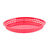 A bright red, round Texas Platter Basket with an open grid pattern around the sides and a solid flat base, shown on a white background. This microwave safe basket combines both style and function for serving your favorite foods.