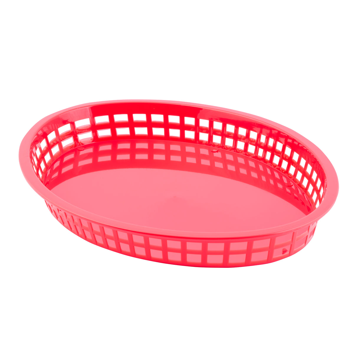 A bright red, oval-shaped heat resistant basket with a grid-like, open lattice pattern on the sides and a solid bottom, placed on a white background. The empty Texas Platter Basket is angled slightly, revealing both its exterior and interior.