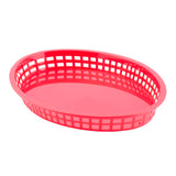 A bright red, oval-shaped heat resistant basket with a grid-like, open lattice pattern on the sides and a solid bottom, placed on a white background. The empty Texas Platter Basket is angled slightly, revealing both its exterior and interior.