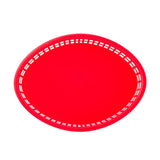 A bright red, oval-shaped Texas Platter Basket with a solid center and a border of rectangular cutout slots runs around the edge. This heat resistant platter is shown against a white background, photographed from above.
