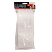 A clear plastic package contains several 10 oz. polyethylene To-Go Beverage Pouches. The black and red label at the top displays the product name, capacity, and an image of a filled pouch with a straw. The pouches are neatly stacked inside.
