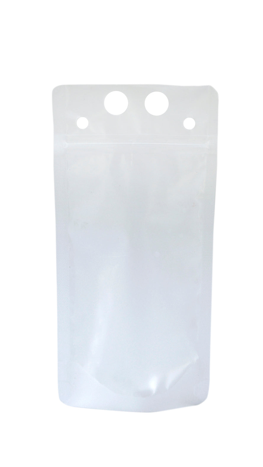 A plain, transparent, polyethylene resealable pouch stands upright against a white background. The 10 oz. To-Go Beverage Pouch features three circular holes and two smaller ones at the top, likely for hanging or display. The pouch is empty and unbranded.
