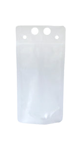 A plain, transparent, polyethylene resealable pouch stands upright against a white background. The 10 oz. To-Go Beverage Pouch features three circular holes and two smaller ones at the top, likely for hanging or display. The pouch is empty and unbranded.