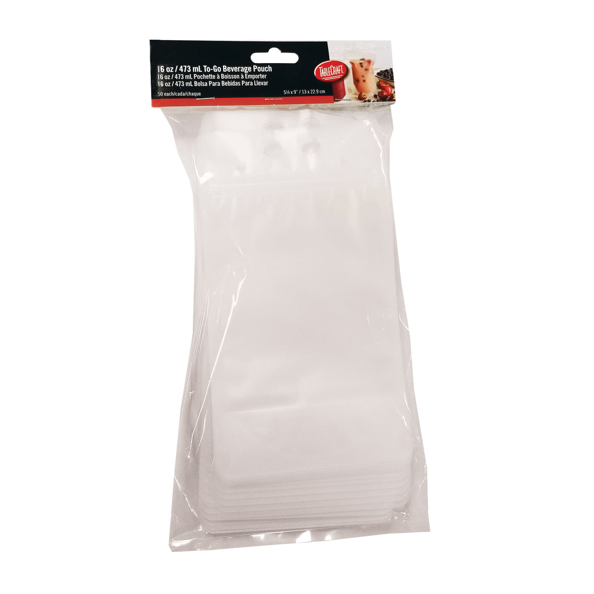 A clear polyethylene package contains 16 oz. To-Go Beverage Pouches. The label at the top features the HOLCIM brand, drink images, and product details in bold white and red text on a black and red background.