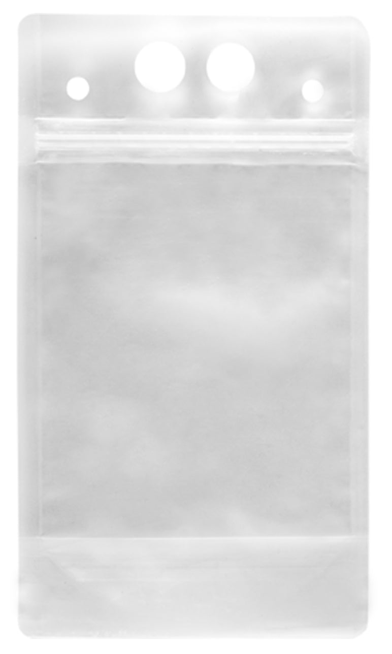A clear, empty polyethylene pouch with a resealable top. This 16 oz. To-Go Beverage Pouch features three round holes and two small slots above the seal for attaching to a lanyard or hook. Its smooth, transparent surface shows no contents inside.
