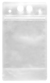 A clear, empty polyethylene pouch with a resealable top. This 16 oz. To-Go Beverage Pouch features three round holes and two small slots above the seal for attaching to a lanyard or hook. Its smooth, transparent surface shows no contents inside.