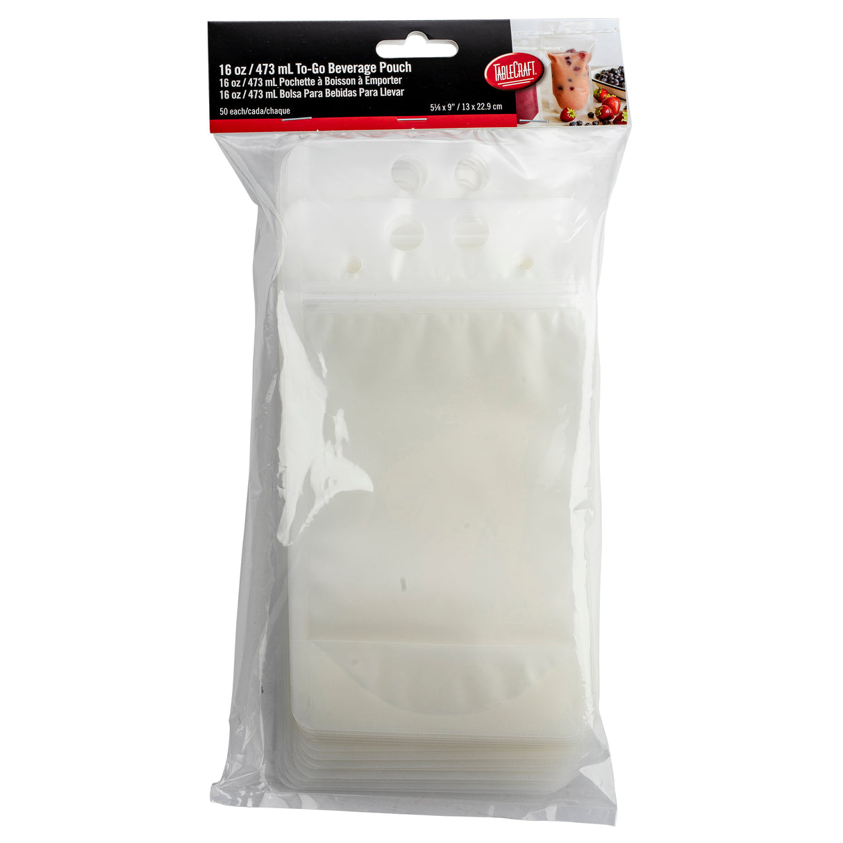 A clear polyethylene package of 16 oz. To-Go Beverage Pouches with zip closures and straw holes. The label at the top displays product details in English and Spanish, plus a small image of a drink pouch filled with a colorful beverage and fruit.