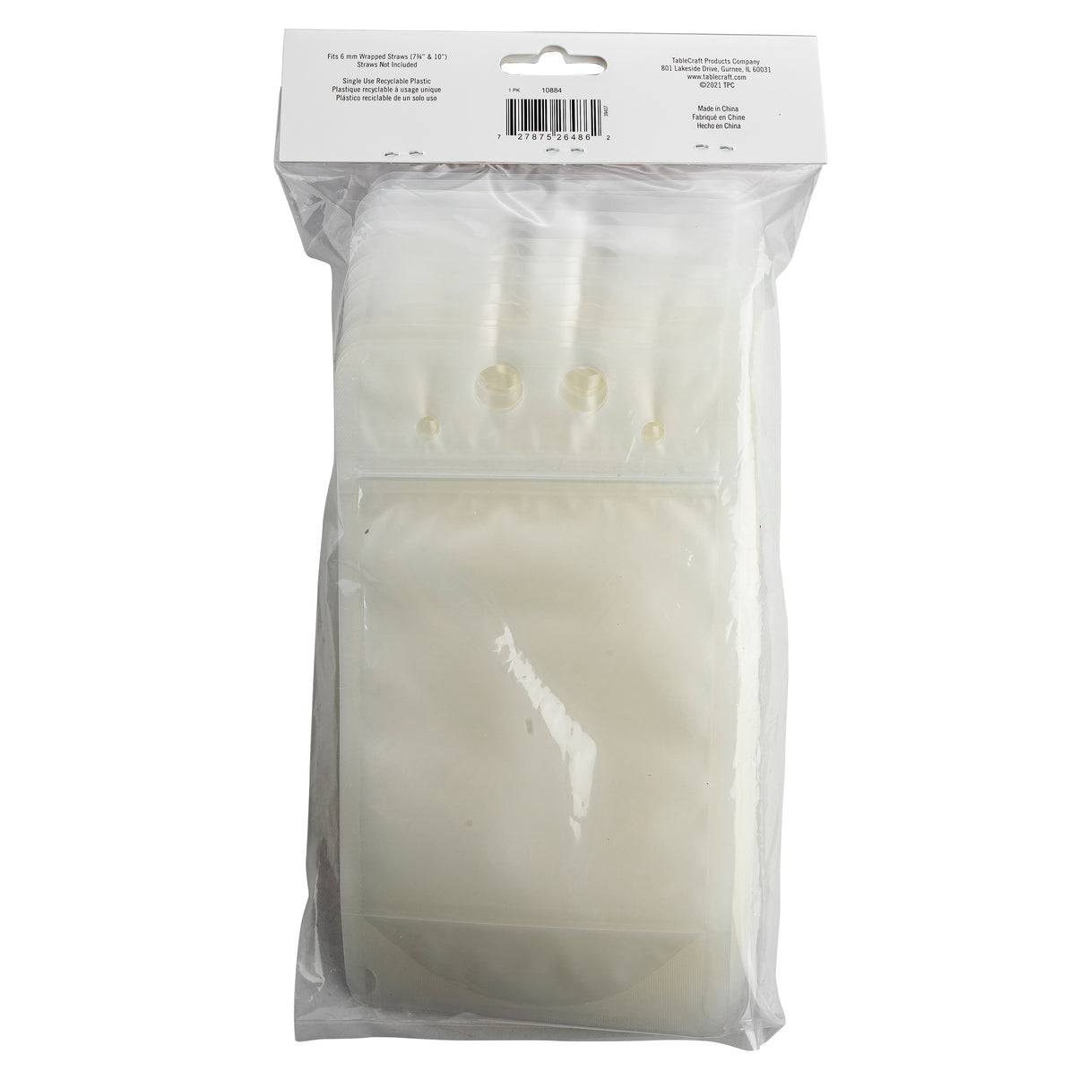 A sealed, clear plastic package contains several transparent, resealable polyethylene bags. The 16 oz. To-Go Beverage Pouches are stacked neatly inside, visible through the outer packaging with a white label featuring a barcode and text at the top.
