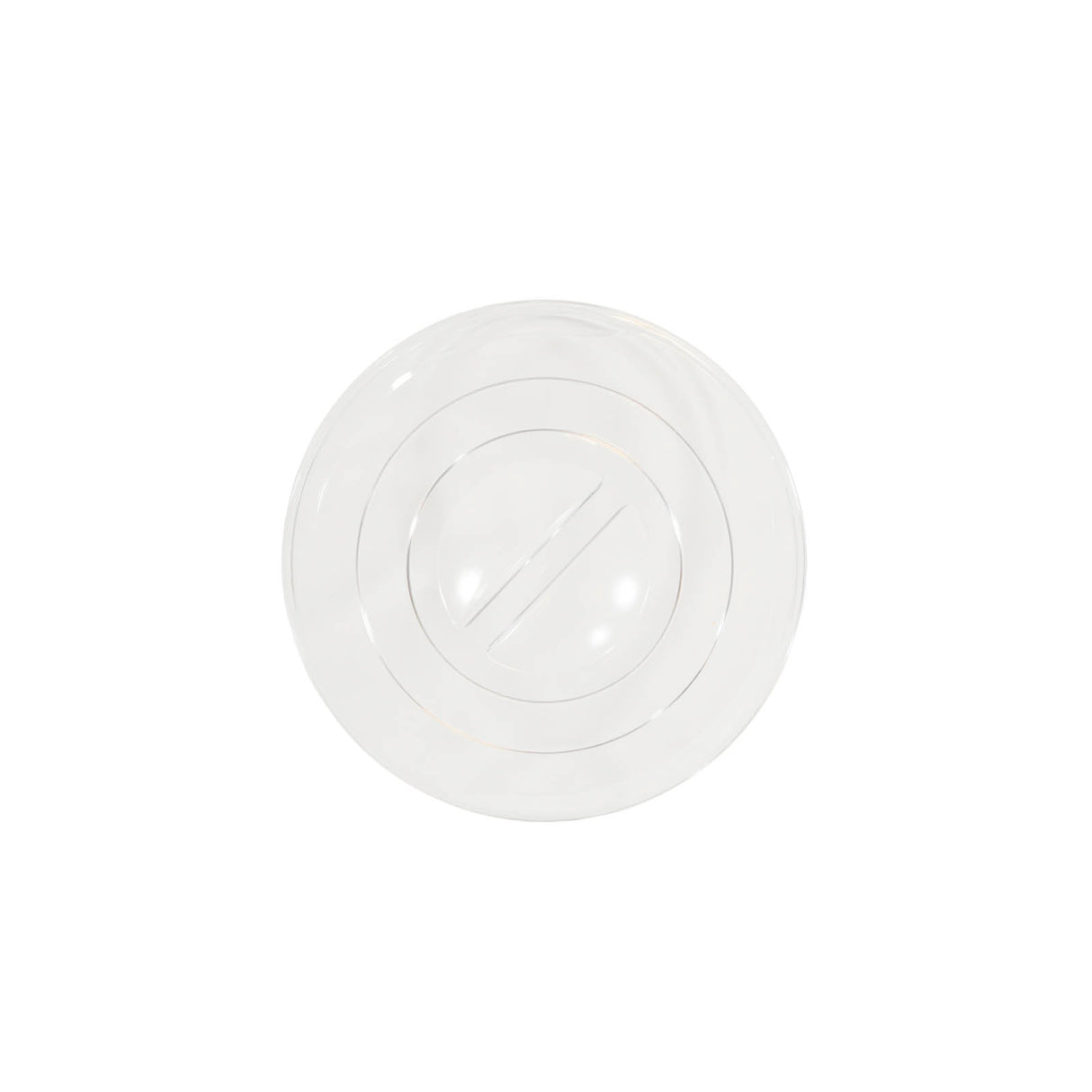A clear, round acrylic TableCraft replacement lid viewed from above, featuring concentric circles and a small raised handle in the center. The plain white background highlights the transparent lid's simple design.
